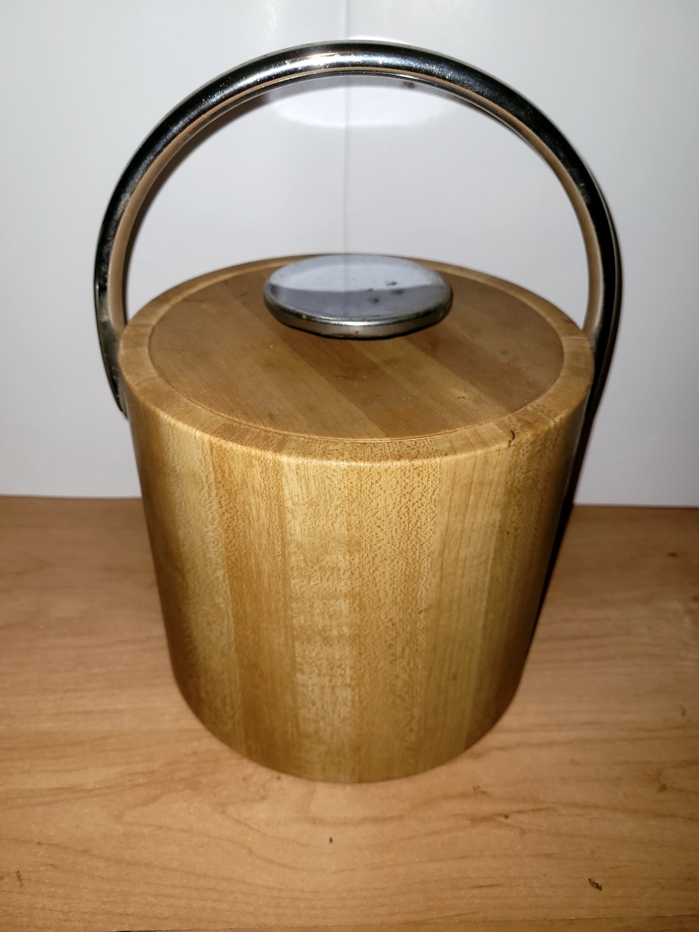 Wood and Chrome Ice Bucket with Handle - Light Wood
